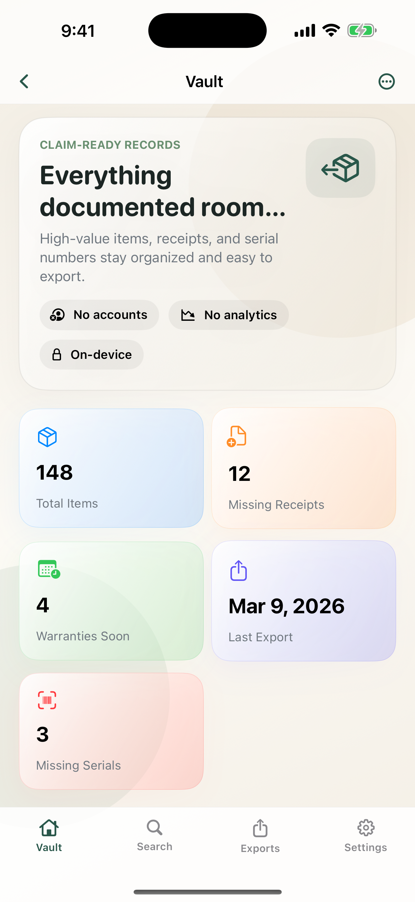 Dashboard screenshot showing inventory stats and properties