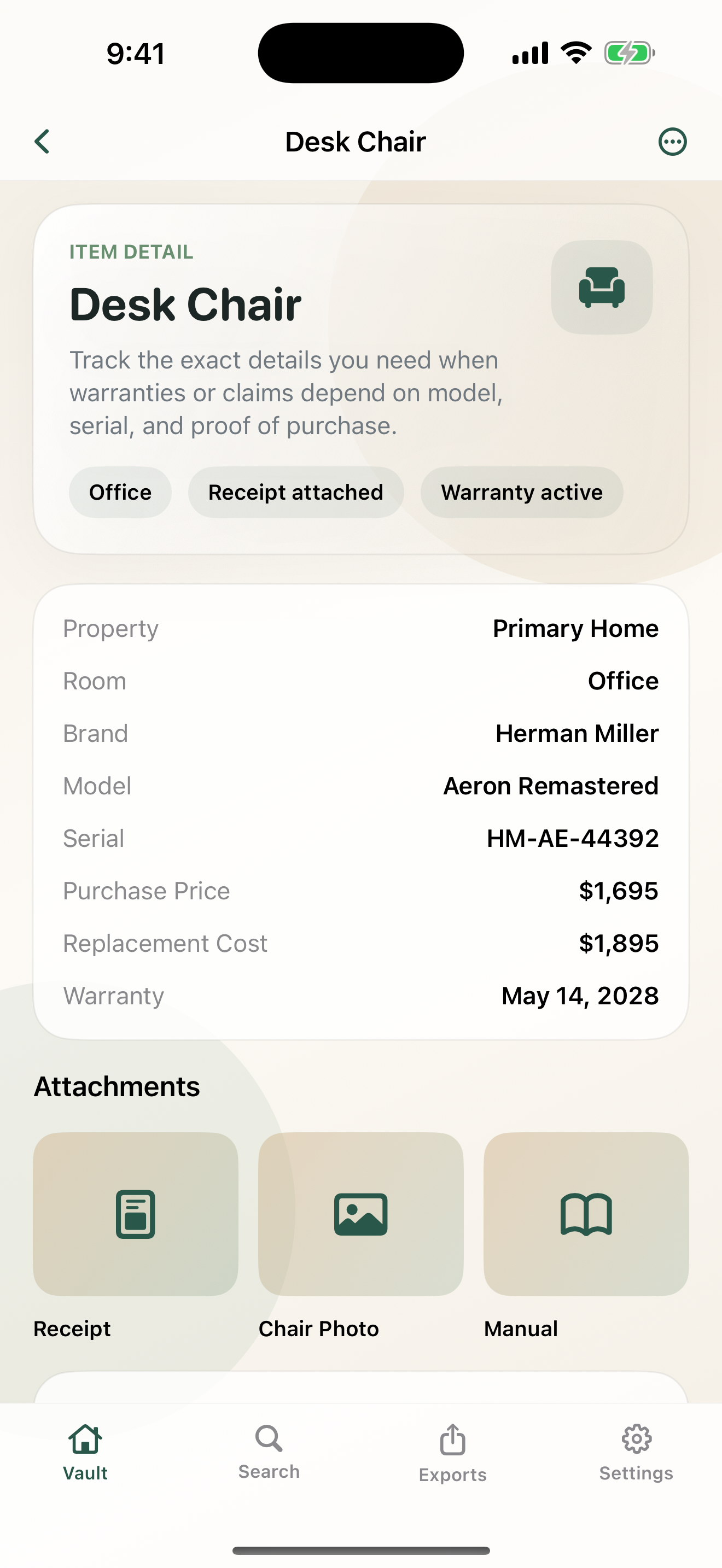 Item detail screenshot showing attachments and proof records